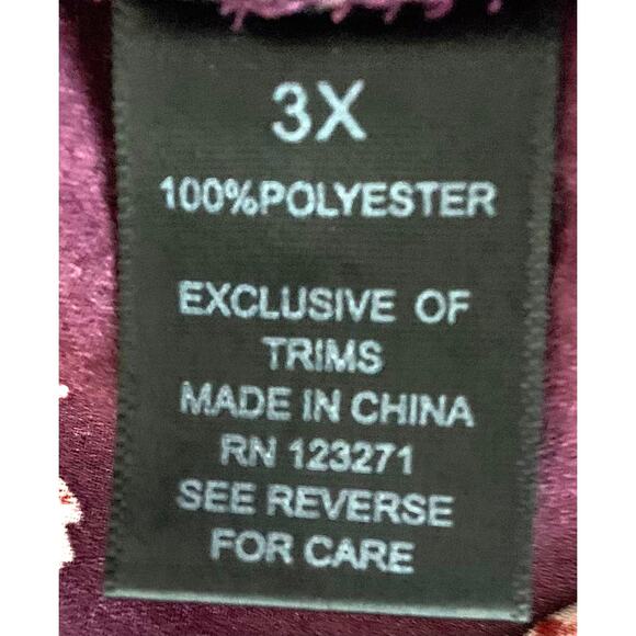 ORANGE KISS LONG SLEEVE V-NECK HALF-ZIP BLOUSE, WOMENS, 3X, BURGUNDY W/FLOWERS - Picture 10 of 12